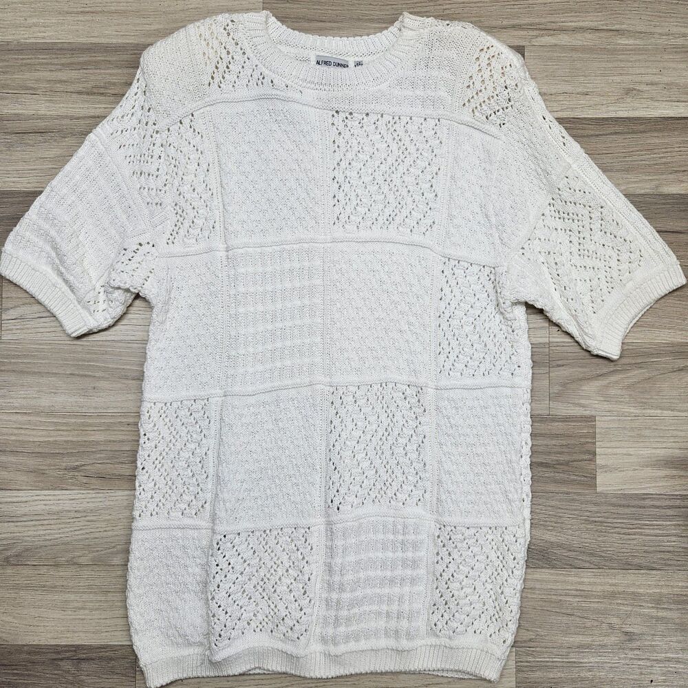 Vintage Alfred Dunner Womens White Knit Tunic Sweater Size Large Crochet